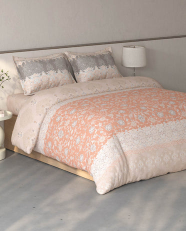 Spaces Fiora Light Blush Ornate 100% Cotton Large Bedsheet with 2 Pillow Covers - 108 x 108 Inches
