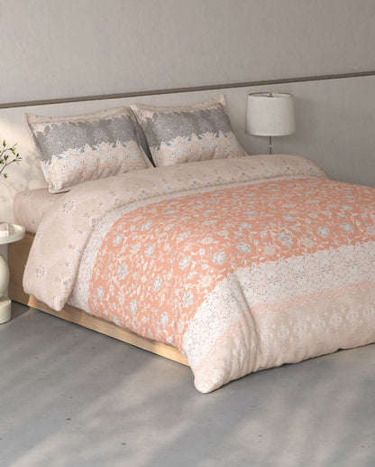Spaces Fiora Light Blush Ornate 100% Cotton Large Bedsheet with 2 Pillow Covers - 108 x 108 Inches