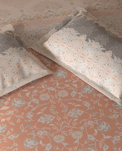 Spaces Fiora Light Blush Ornate 100% Cotton Large Bedsheet with 2 Pillow Covers - 108 x 108 Inches