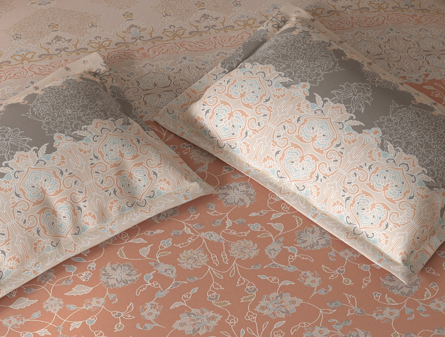 Spaces Fiora Light Blush Ornate 100% Cotton Large Bedsheet with 2 Pillow Covers - 108 x 108 Inches