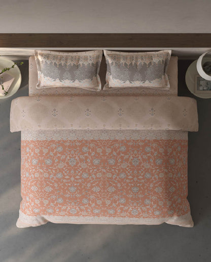 Spaces Fiora Light Blush Ornate 100% Cotton Large Bedsheet with 2 Pillow Covers - 108 x 108 Inches