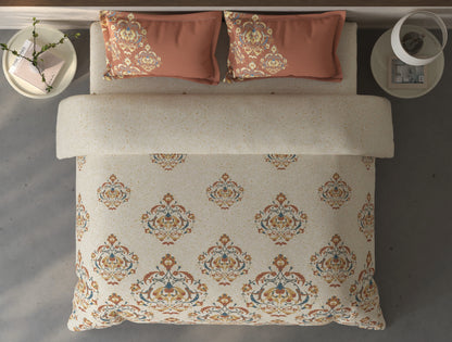 Spaces Fiora Cream Ornate 100% Cotton Large Bedsheet with 2 Pillow Covers - 108 x 108 Inches