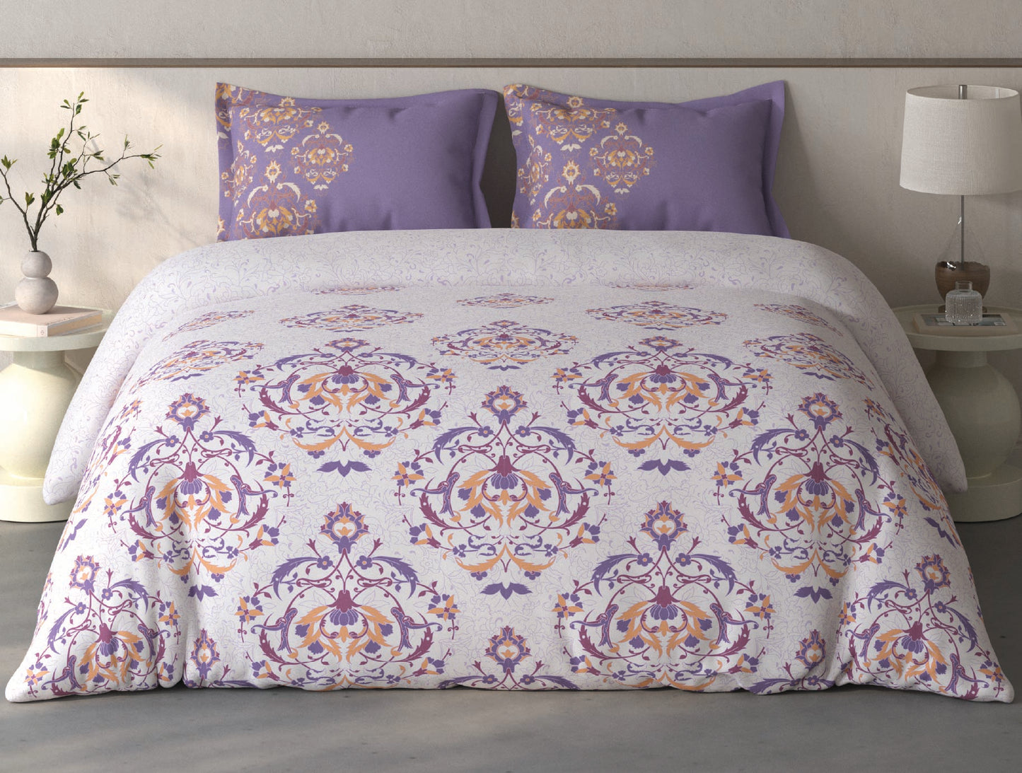 Spaces Fiora Light Violet Ornate 100% Cotton Large Bedsheet with 2 Pillow Covers - 108 x 108 Inches
