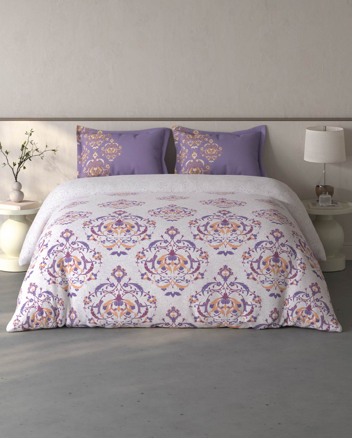 Spaces Fiora Light Violet Ornate 100% Cotton Large Bedsheet with 2 Pillow Covers - 108 x 108 Inches