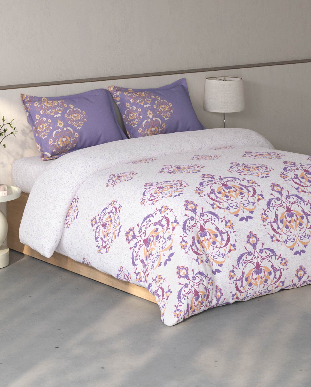 Spaces Fiora Light Violet Ornate 100% Cotton Large Bedsheet with 2 Pillow Covers - 108 x 108 Inches