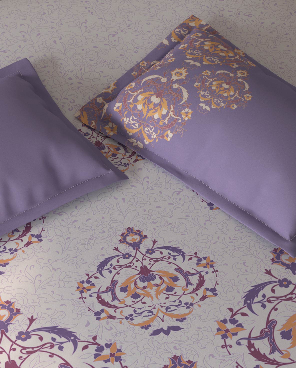 Spaces Fiora Light Violet Ornate 100% Cotton Large Bedsheet with 2 Pillow Covers - 108 x 108 Inches