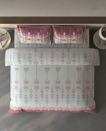 Spaces Fiora Light Grey Ornate 100% Cotton Large Bedsheet with 2 Pillow Covers - 108 x 108 Inches