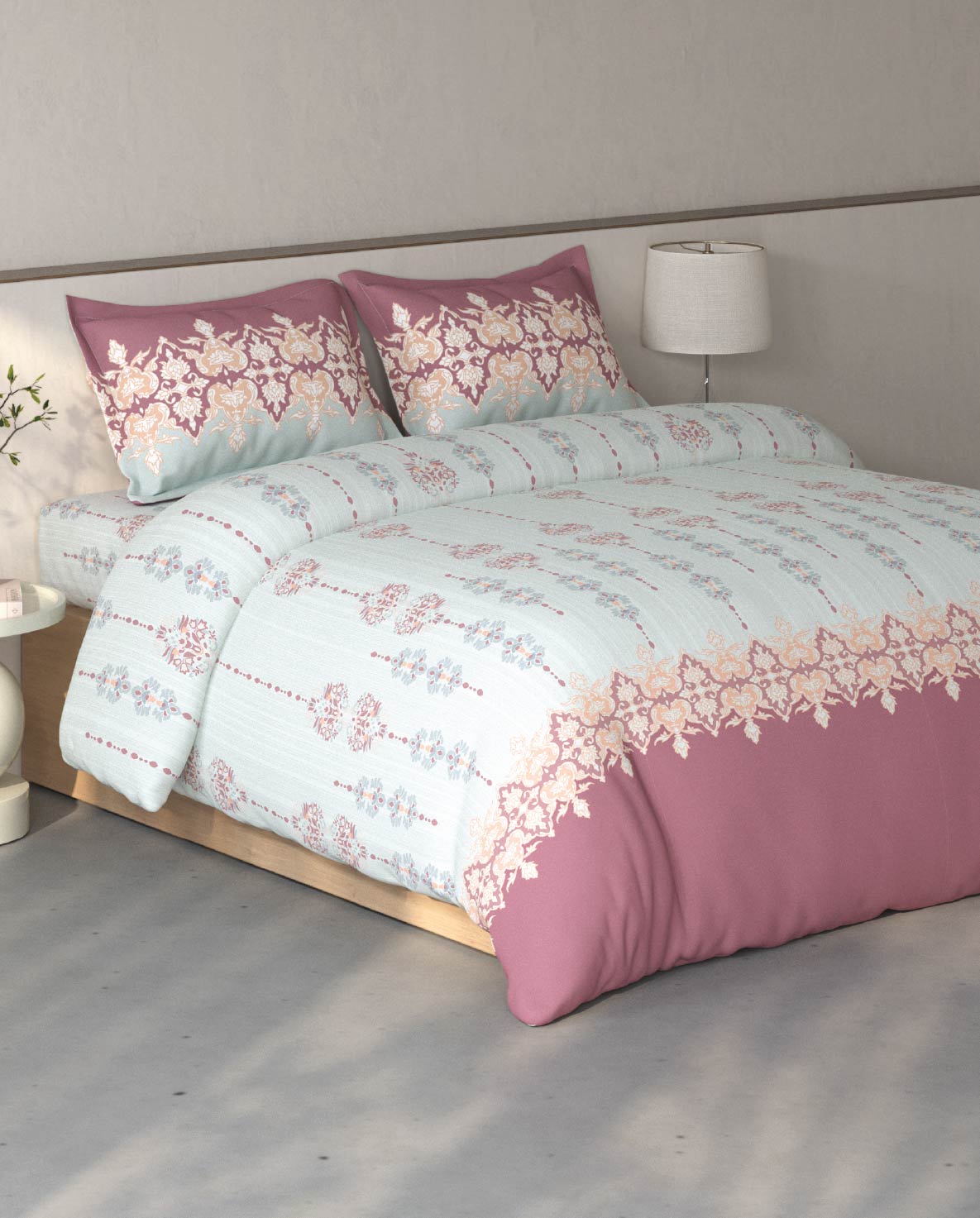Spaces Fiora Light Grey Ornate 100% Cotton Large Bedsheet with 2 Pillow Covers - 108 x 108 Inches