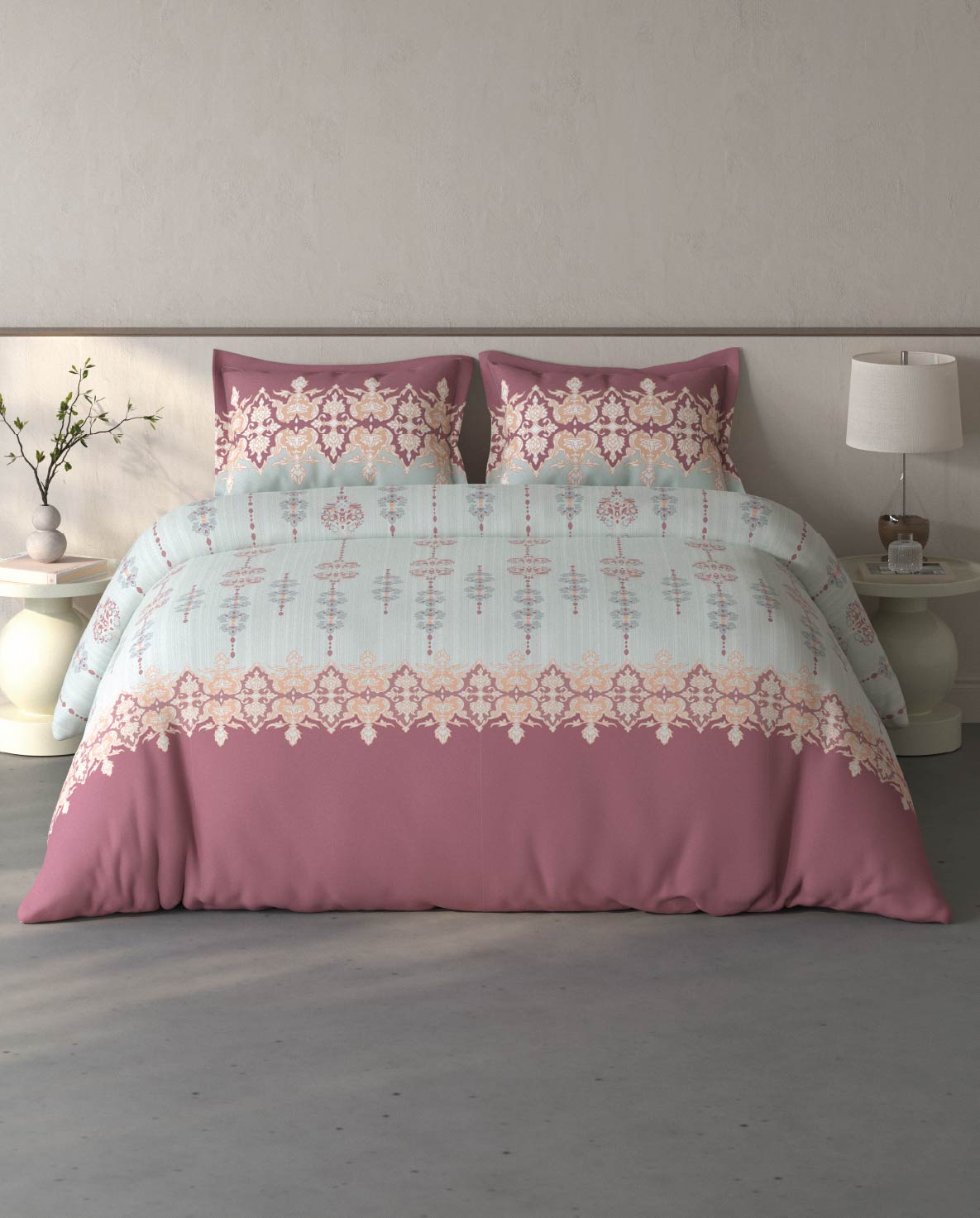 Spaces Fiora Light Grey Ornate 100% Cotton Large Bedsheet with 2 Pillow Covers - 108 x 108 Inches