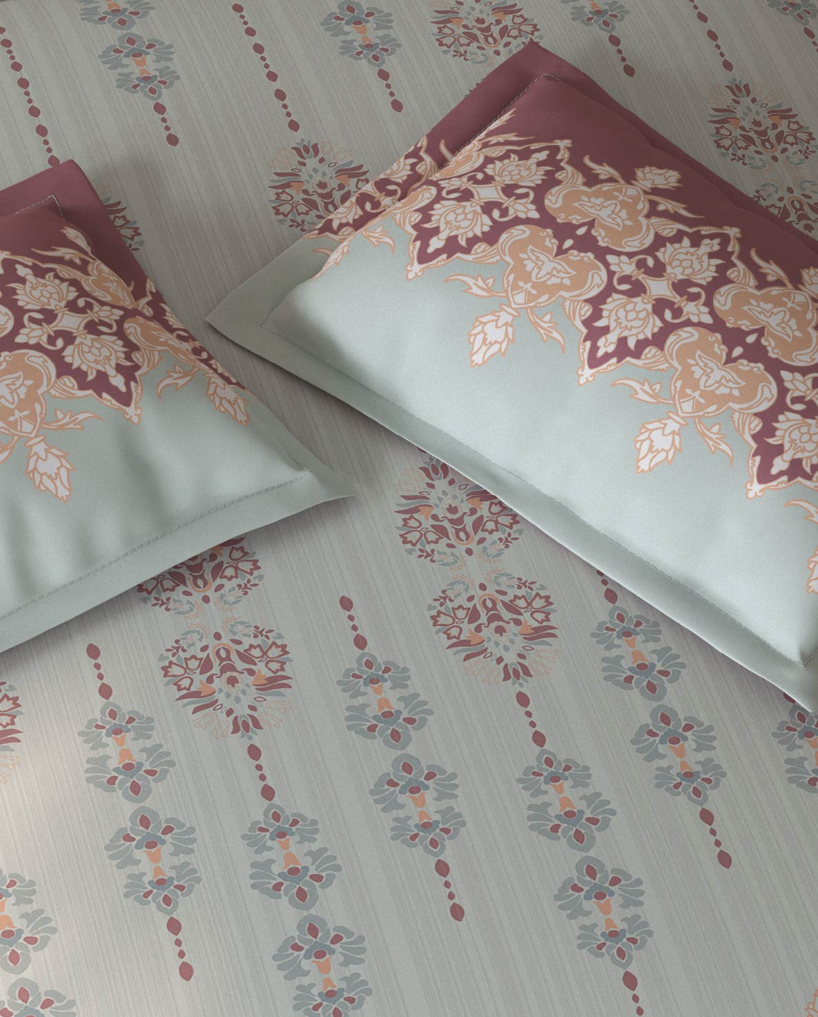 Spaces Fiora Light Grey Ornate 100% Cotton Large Bedsheet with 2 Pillow Covers - 108 x 108 Inches