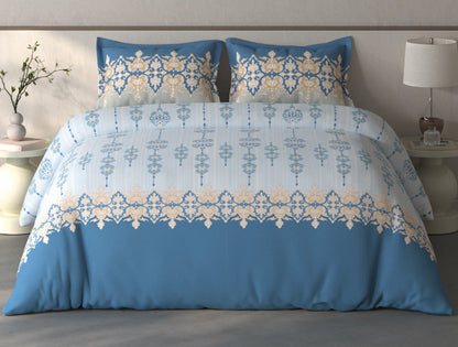 Spaces Fiora Light Blue Ornate 100% Cotton Large Bedsheet with 2 Pillow Covers - 108 x 108 Inches