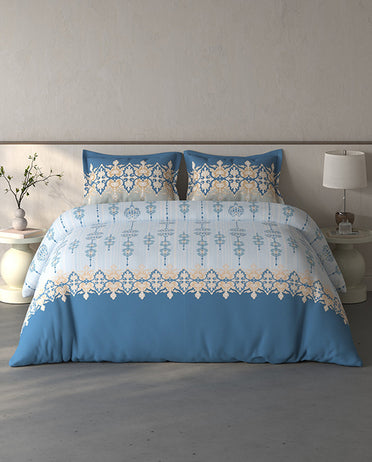Spaces Fiora Light Blue Ornate 100% Cotton Large Bedsheet with 2 Pillow Covers - 108 x 108 Inches