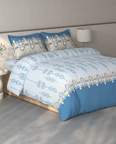 Spaces Fiora Light Blue Ornate 100% Cotton Large Bedsheet with 2 Pillow Covers - 108 x 108 Inches