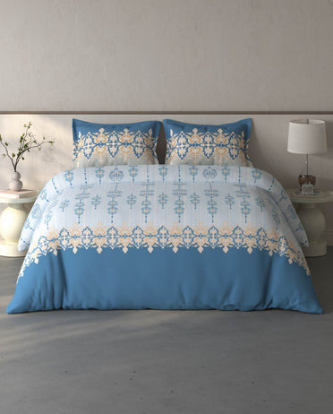 Spaces Fiora Light Blue Ornate 100% Cotton Large Bedsheet with 2 Pillow Covers - 108 x 108 Inches