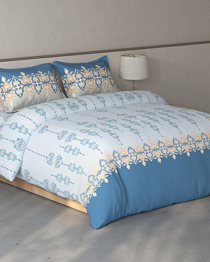Spaces Fiora Light Blue Ornate 100% Cotton Large Bedsheet with 2 Pillow Covers - 108 x 108 Inches