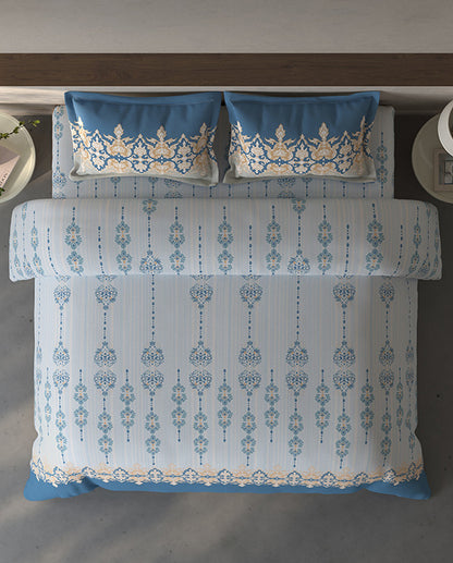 Spaces Fiora Light Blue Ornate 100% Cotton Large Bedsheet with 2 Pillow Covers - 108 x 108 Inches