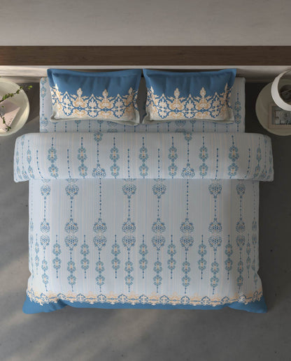 Spaces Fiora Light Blue Ornate 100% Cotton Large Bedsheet with 2 Pillow Covers - 108 x 108 Inches