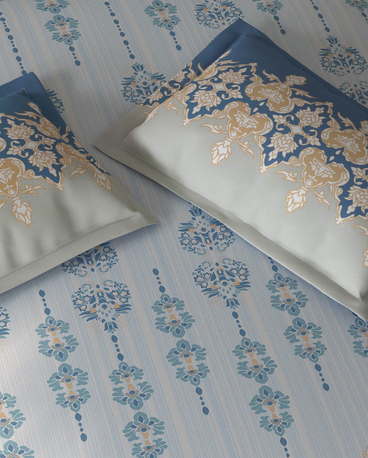 Spaces Fiora Light Blue Ornate 100% Cotton Large Bedsheet with 2 Pillow Covers - 108 x 108 Inches