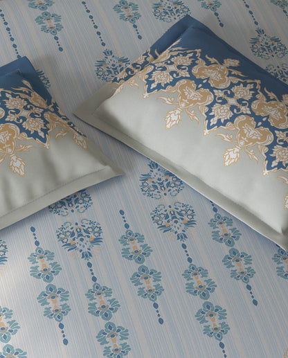 Spaces Fiora Light Blue Ornate 100% Cotton Large Bedsheet with 2 Pillow Covers - 108 x 108 Inches