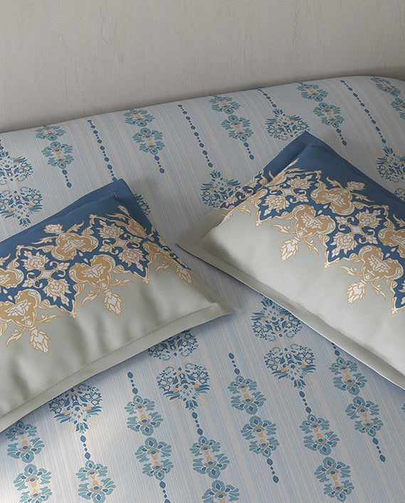 Spaces Fiora Light Blue Ornate 100% Cotton Large Bedsheet with 2 Pillow Covers - 108 x 108 Inches