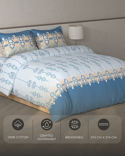 Spaces Fiora Light Blue Ornate 100% Cotton Large Bedsheet with 2 Pillow Covers - 108 x 108 Inches