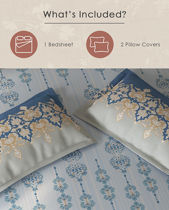 Spaces Fiora Light Blue Ornate 100% Cotton Large Bedsheet with 2 Pillow Covers - 108 x 108 Inches