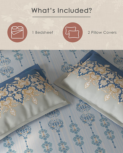 Spaces Fiora Light Blue Ornate 100% Cotton Large Bedsheet with 2 Pillow Covers - 108 x 108 Inches