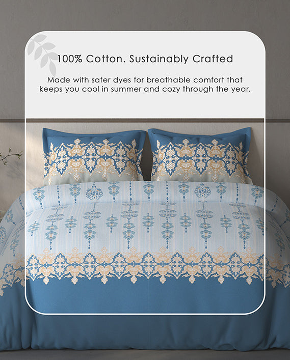 Spaces Fiora Light Blue Ornate 100% Cotton Large Bedsheet with 2 Pillow Covers - 108 x 108 Inches
