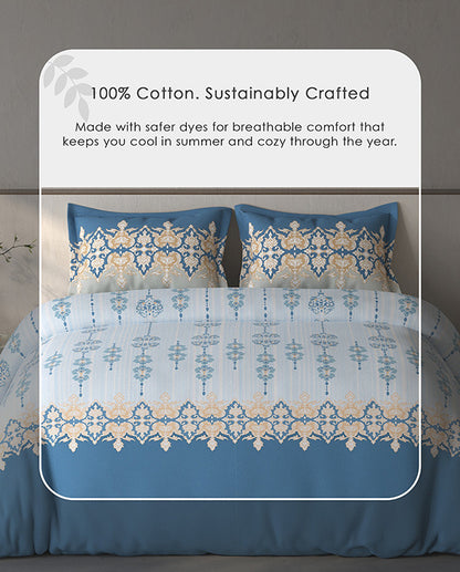 Spaces Fiora Light Blue Ornate 100% Cotton Large Bedsheet with 2 Pillow Covers - 108 x 108 Inches