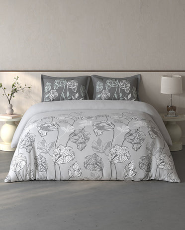 Spaces Fiora Light Grey Floral 100% Cotton Large Bedsheet with 2 Pillow Covers - 108 x 108 Inches
