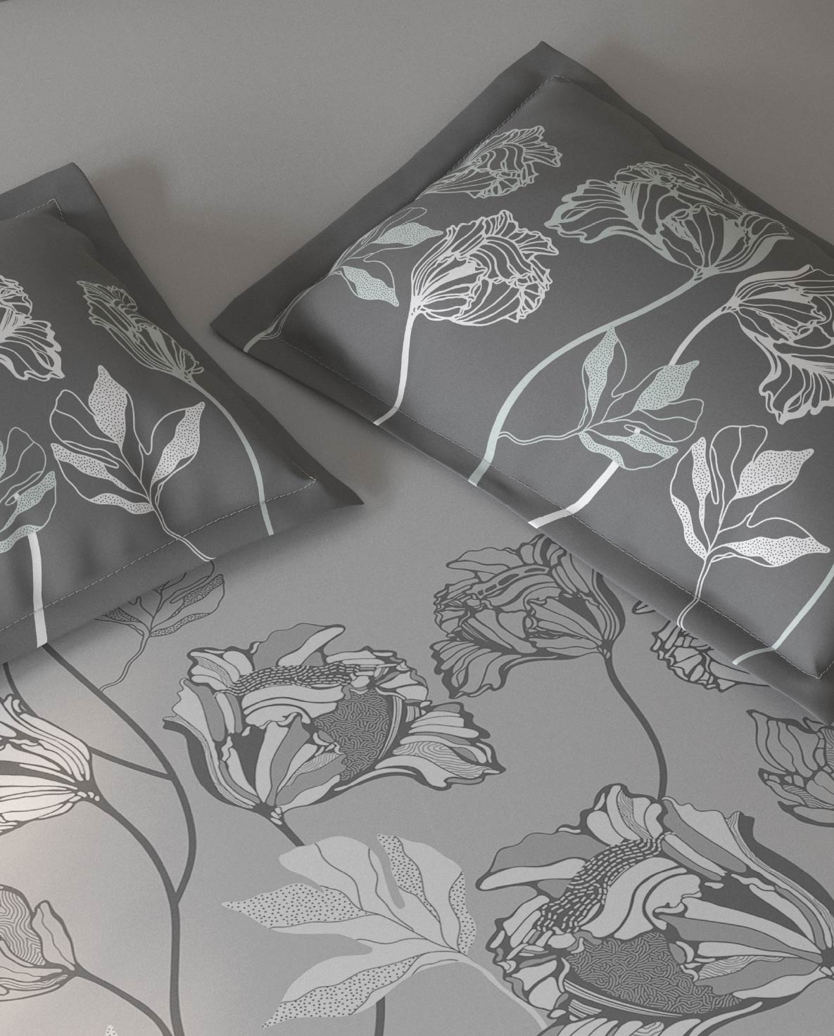 Spaces Fiora Light Grey Floral 100% Cotton Large Bedsheet with 2 Pillow Covers - 108 x 108 Inches