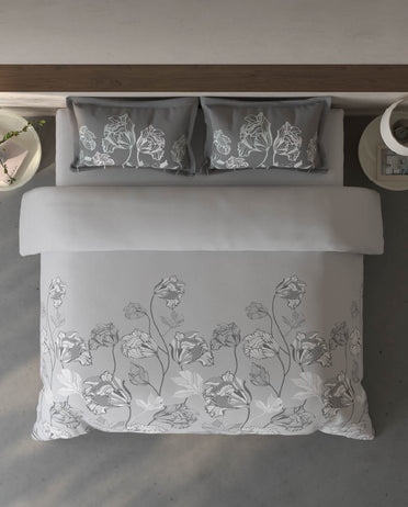 Spaces Fiora Light Grey Floral 100% Cotton Large Bedsheet with 2 Pillow Covers - 108 x 108 Inches