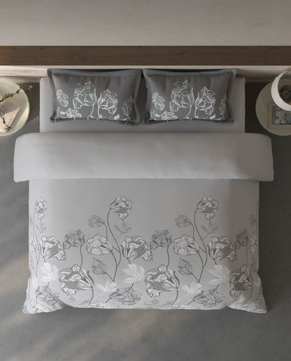 Spaces Fiora Light Grey Floral 100% Cotton Large Bedsheet with 2 Pillow Covers - 108 x 108 Inches