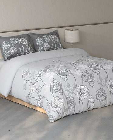 Spaces Fiora Light Grey Floral 100% Cotton Large Bedsheet with 2 Pillow Covers - 108 x 108 Inches