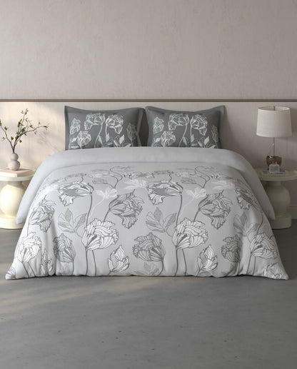 Spaces Fiora Light Grey Floral 100% Cotton Large Bedsheet with 2 Pillow Covers - 108 x 108 Inches