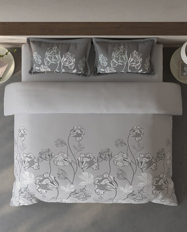 Spaces Fiora Light Grey Floral 100% Cotton Large Bedsheet with 2 Pillow Covers - 108 x 108 Inches