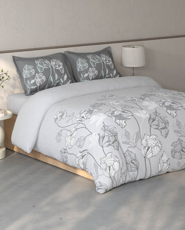Spaces Fiora Light Grey Floral 100% Cotton Large Bedsheet with 2 Pillow Covers - 108 x 108 Inches