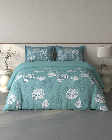 Spaces Fiora Light Teal Floral 100% Cotton Large Bedsheet with 2 Pillow Covers - 108 x 108 Inches