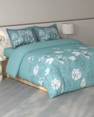 Spaces Fiora Light Teal Floral 100% Cotton Large Bedsheet with 2 Pillow Covers - 108 x 108 Inches
