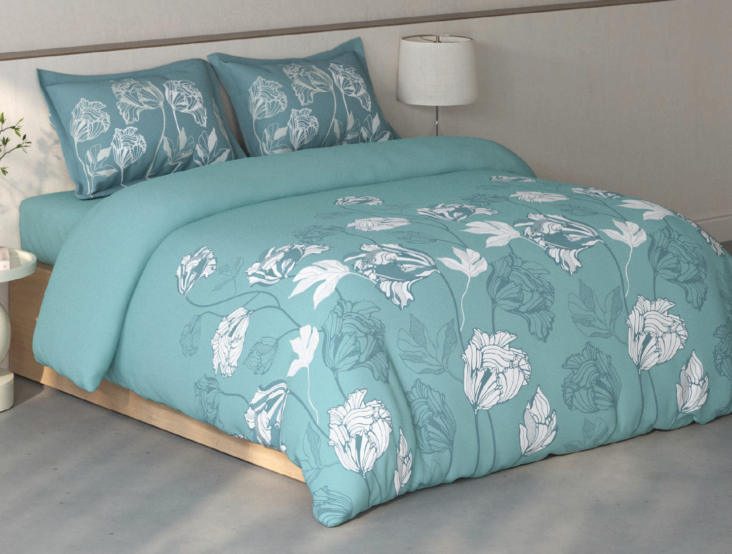 Spaces Fiora Light Teal Floral 100% Cotton Large Bedsheet with 2 Pillow Covers - 108 x 108 Inches