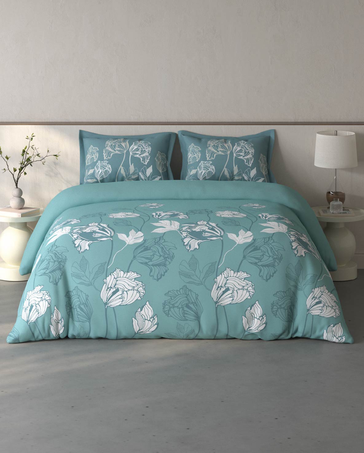 Spaces Fiora Light Teal Floral 100% Cotton Large Bedsheet with 2 Pillow Covers - 108 x 108 Inches