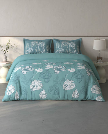 Spaces Fiora Light Teal Floral 100% Cotton Large Bedsheet with 2 Pillow Covers - 108 x 108 Inches