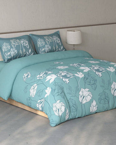 Spaces Fiora Light Teal Floral 100% Cotton Large Bedsheet with 2 Pillow Covers - 108 x 108 Inches