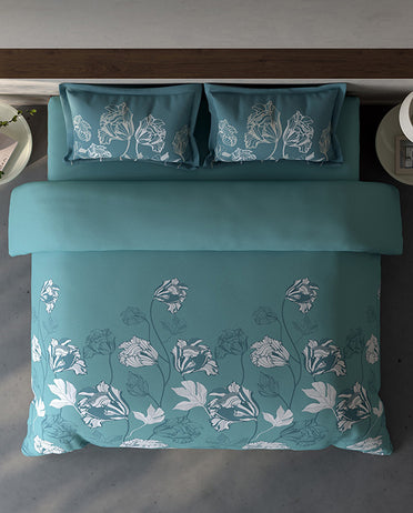 Spaces Fiora Light Teal Floral 100% Cotton Large Bedsheet with 2 Pillow Covers - 108 x 108 Inches