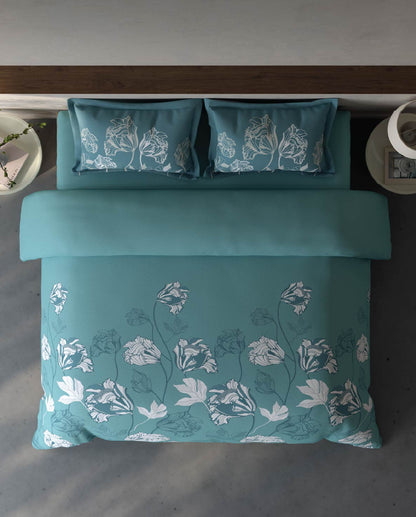 Spaces Fiora Light Teal Floral 100% Cotton Large Bedsheet with 2 Pillow Covers - 108 x 108 Inches