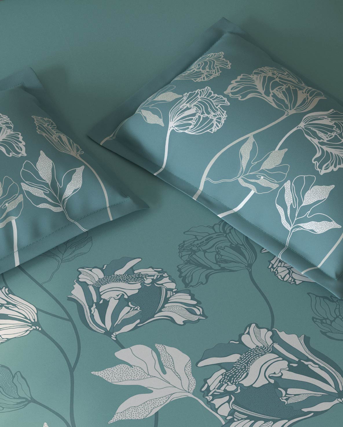Spaces Fiora Light Teal Floral 100% Cotton Large Bedsheet with 2 Pillow Covers - 108 x 108 Inches
