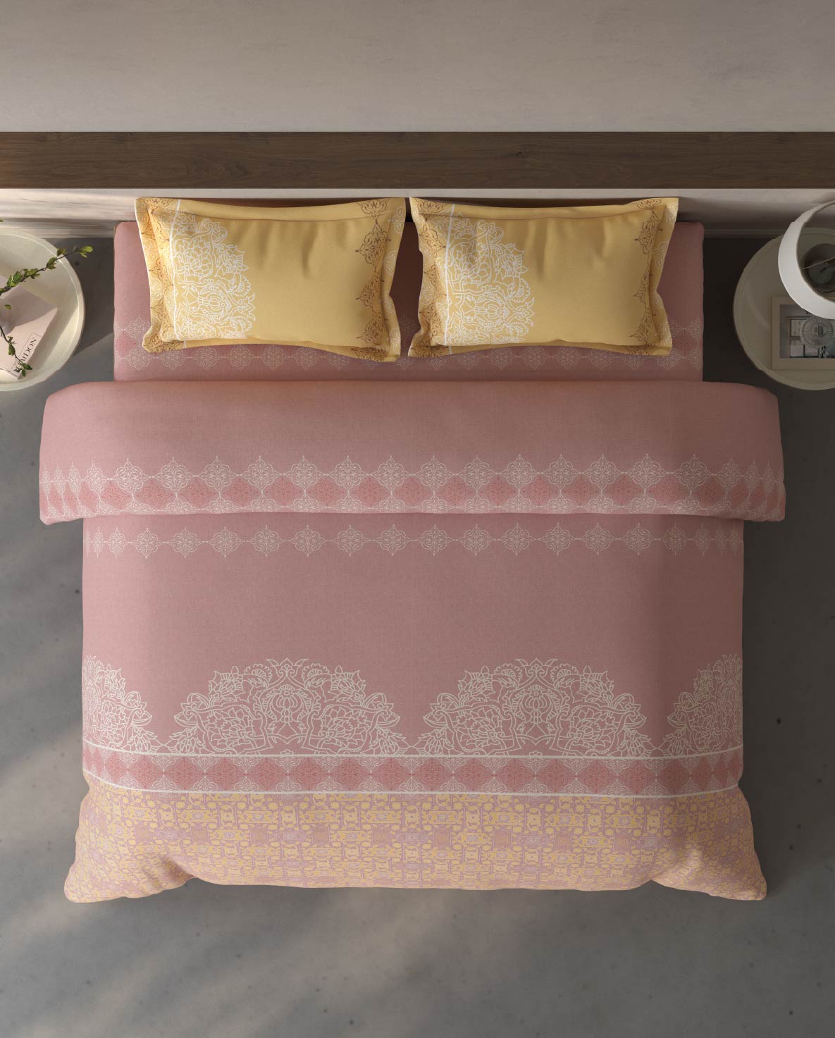Spaces Fiora Blush Ornate 100% Cotton Large Bedsheet with 2 Pillow Covers - 108 x 108 Inches