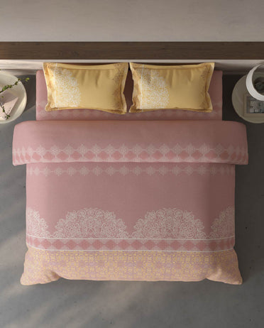Spaces Fiora Blush Ornate 100% Cotton Large Bedsheet with 2 Pillow Covers - 108 x 108 Inches