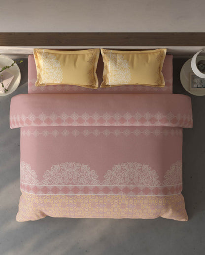 Spaces Fiora Blush Ornate 100% Cotton Large Bedsheet with 2 Pillow Covers - 108 x 108 Inches