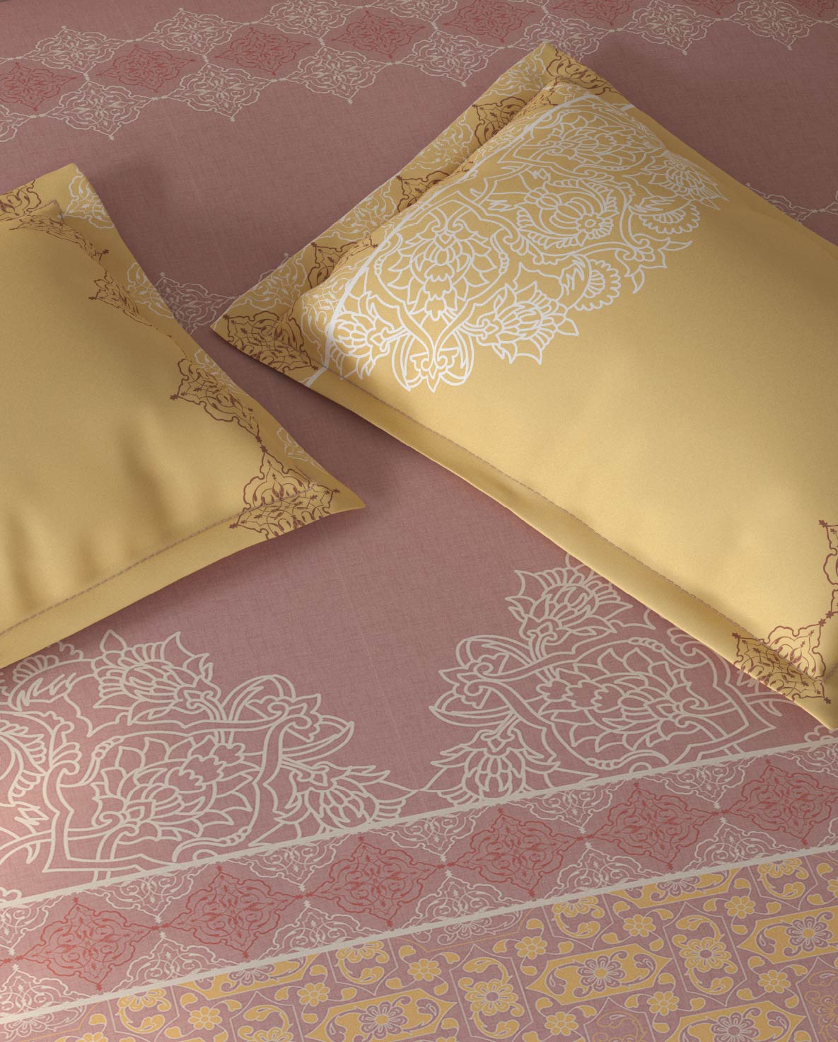 Spaces Fiora Blush Ornate 100% Cotton Large Bedsheet with 2 Pillow Covers - 108 x 108 Inches